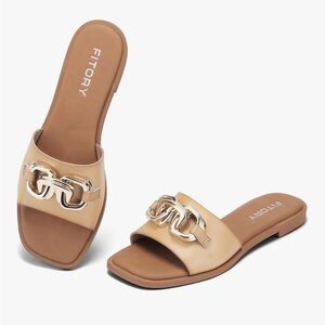 FITORY Women's Flat Sandals Fashion Slides With Soft Leather Slippers for Summer